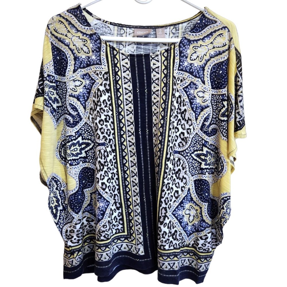 Chico's Scoop Neck Short Sleeved Pullover Blouse Blue and Yellow Print Size 12